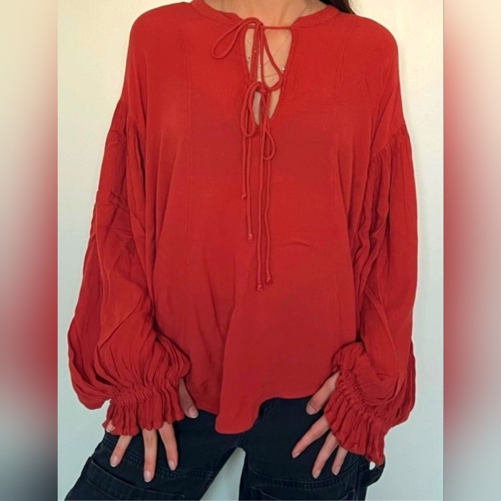 NEW Free People Double Tie Billowy Peasant Bohemian Burnt Red Blouse, Sz M